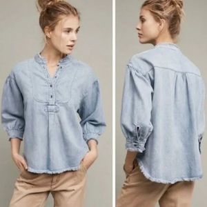 Anthropologie Holding Horses Frayed Chambray Henley Denim Shirt Medium Petite